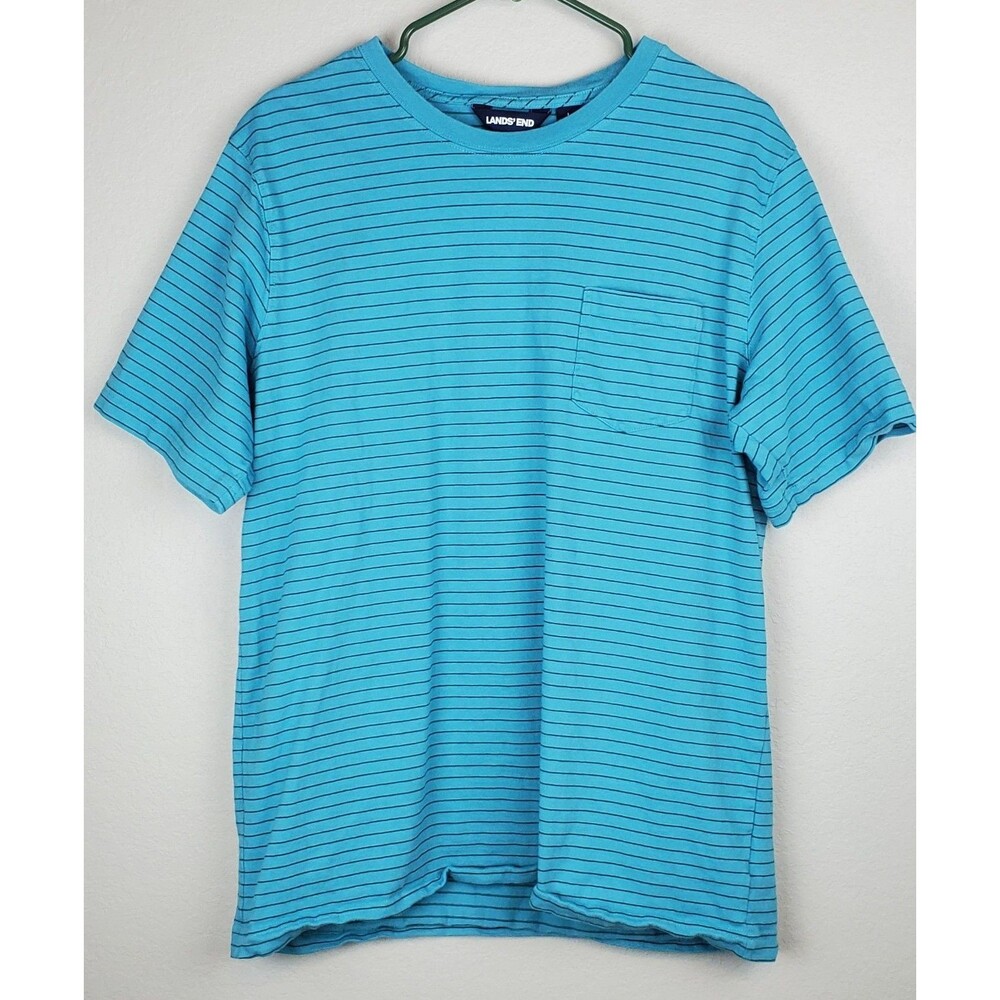 Land's End Men's Large Blue Striped T-Shirt 100% Cotton Chest Pocket